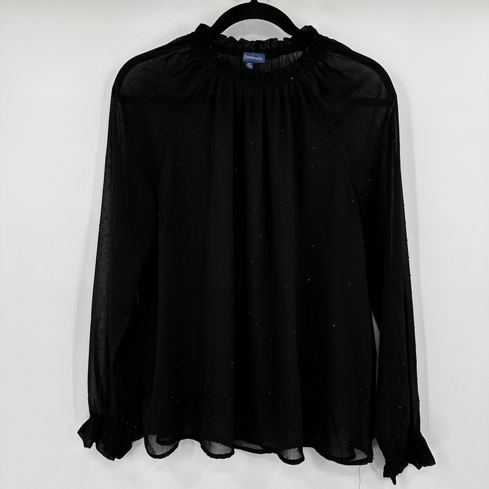 Democracy Womens Black Studded‎ Sheer Mock Neck Ruffle Blouse Long Sleeve Medium